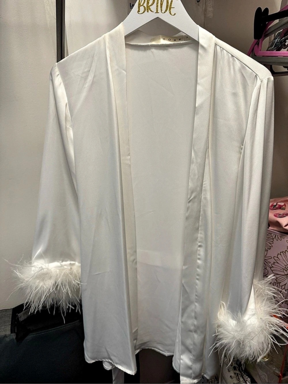 The ROBE Ciara Long Bridal Robe White Feather Cuff Robe Like New